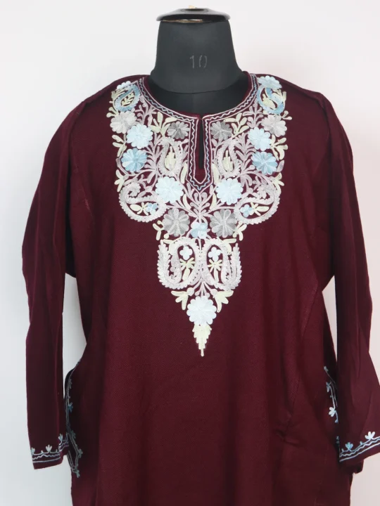Wine Kashmiri Pheran In Cashmilon Wool With Aari Embroidery | Huma - Image 2