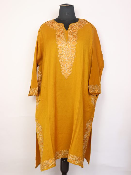 Seerat Yellow Kashmiri Cashmilon Wool Pheran For Women With Aari Work