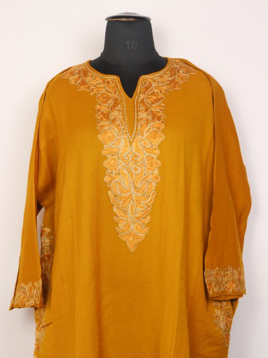 Seerat Yellow Kashmiri Cashmilon Wool Pheran For Women With Aari Work - Image 2