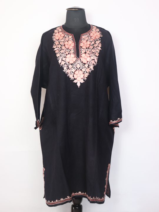 Khoobsurat Black Kashmiri Cashmilon Wool Pheran For Women With Aari Work