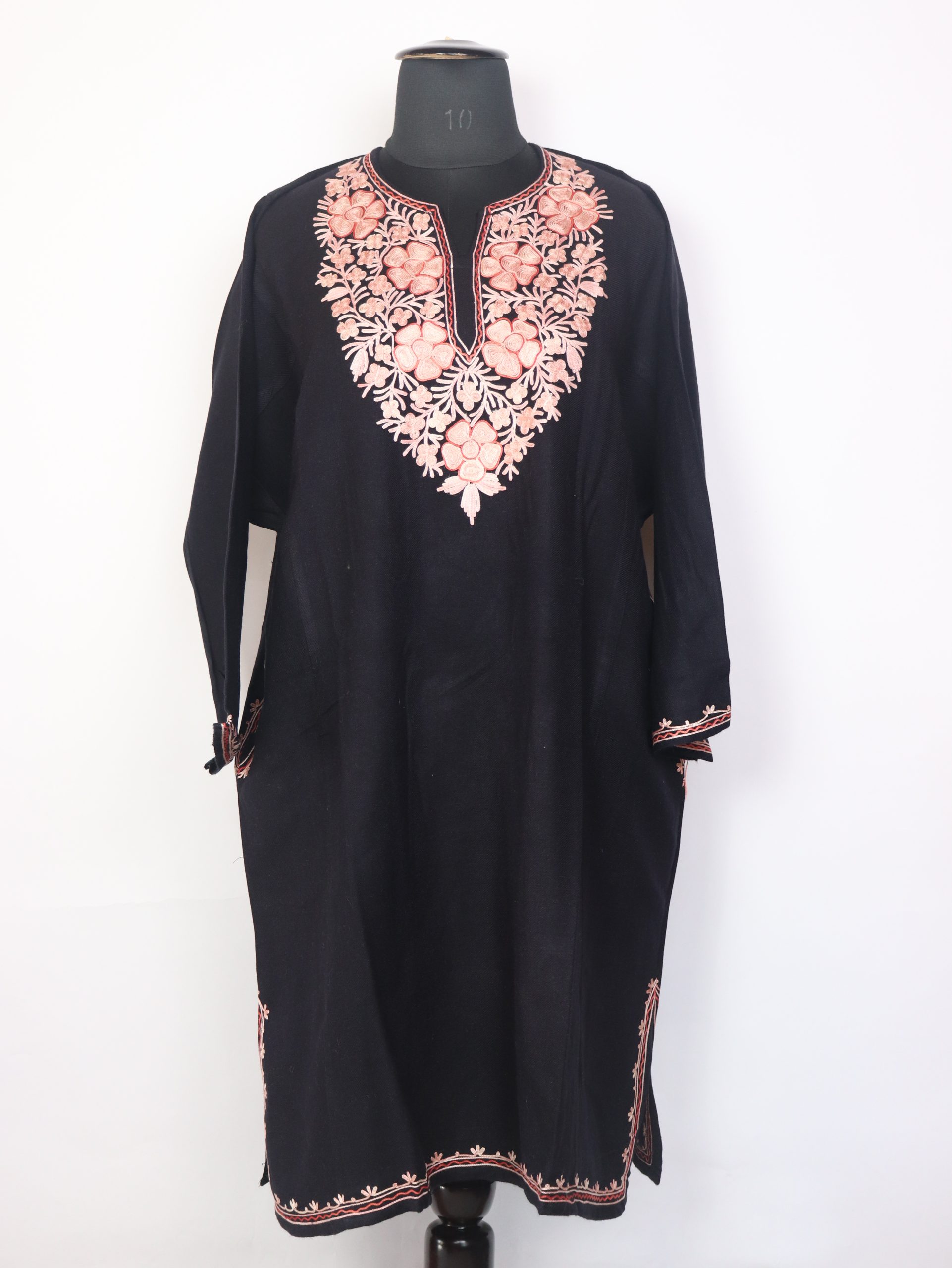 Khoobsurat Black Kashmiri Cashmilon Wool Pheran For Women With Aari Work