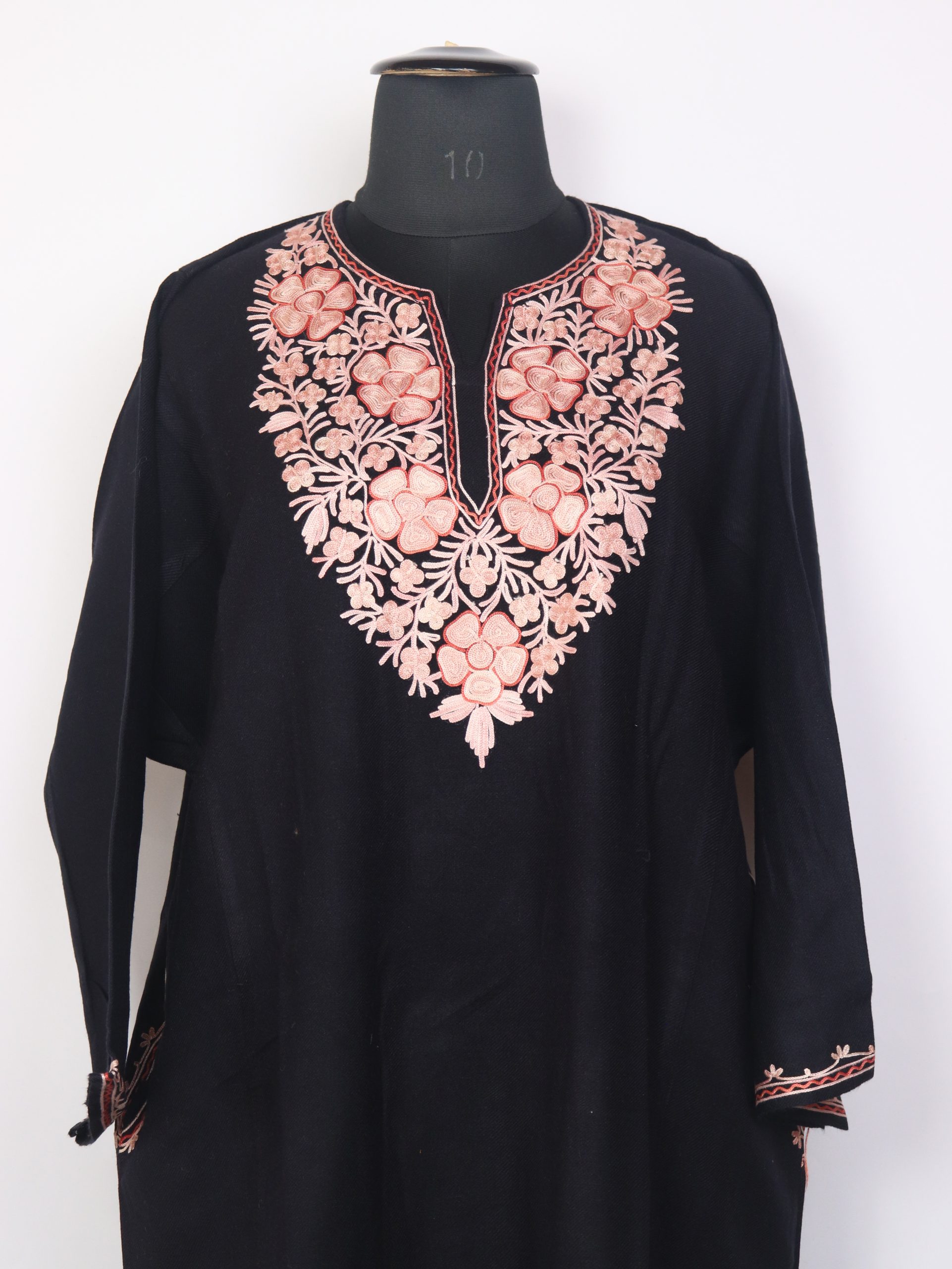 Khoobsurat Black Kashmiri Cashmilon Wool Pheran For Women With Aari Work - Image 2