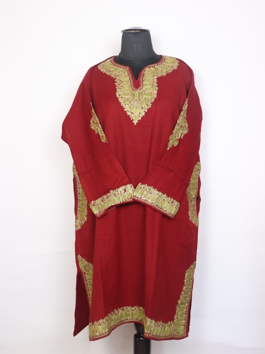 Mahira Maroon Kashmiri Cashmilon Wool Pheran For Women With Aari And Zari Work