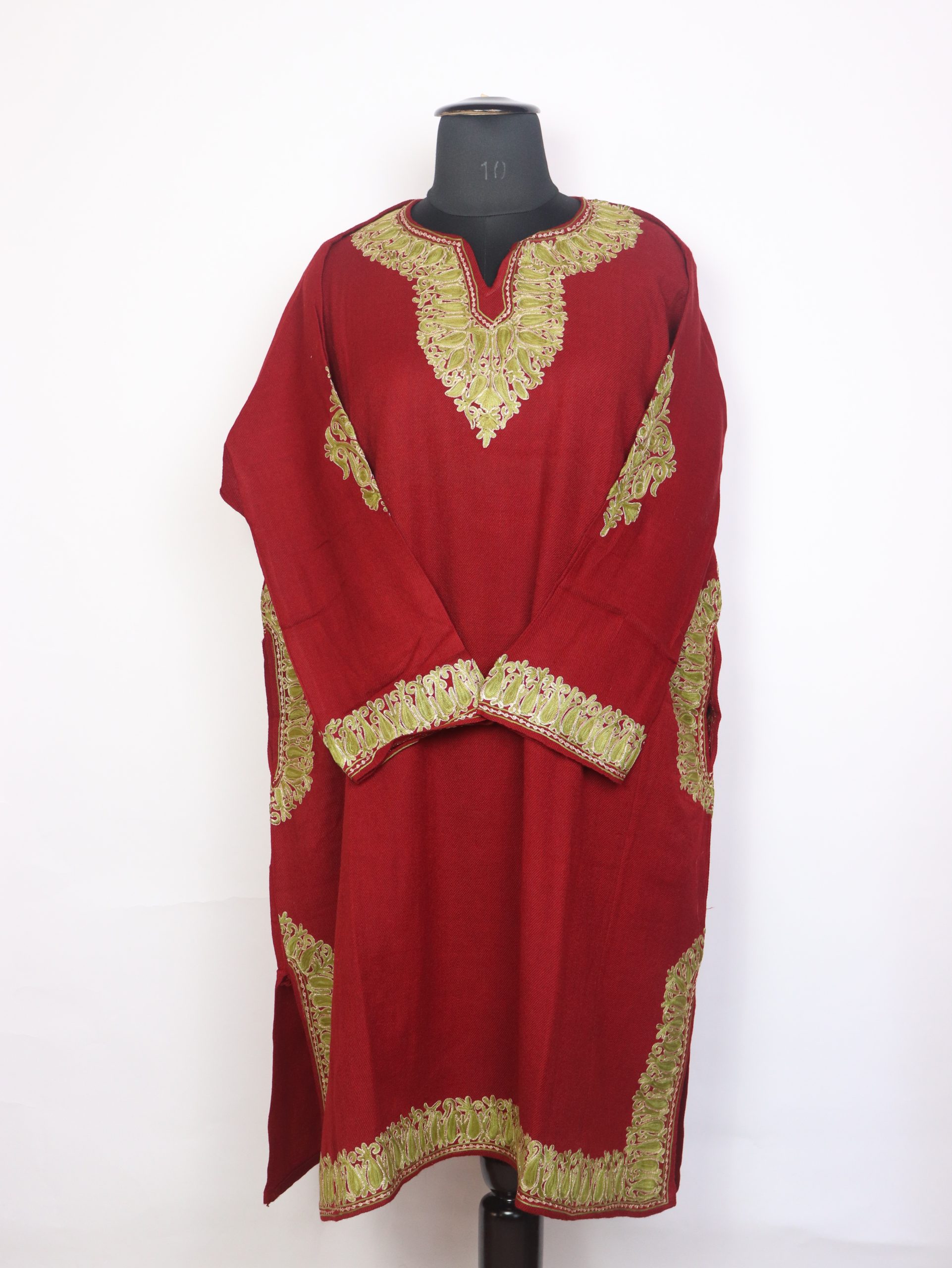 Mahira Maroon Kashmiri Cashmilon Wool Pheran For Women With Aari And Zari Work