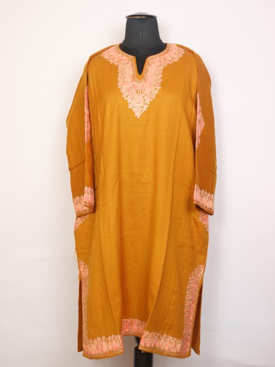 Areeba Yellow Kashmiri Cashmilon Wool Pheran For Women With Aari And Zari Embroidery