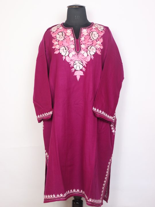 Sumaira Pink Kashmiri Cashmilon Wool Pheran For Women With Aari Work