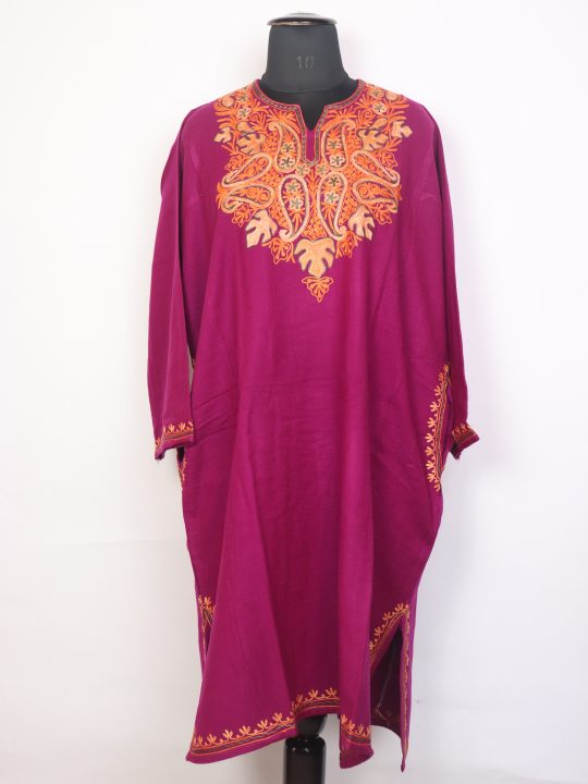 Sameena Purple Kashmiri Cashmilon Wool Pheran For Women With Aari Work