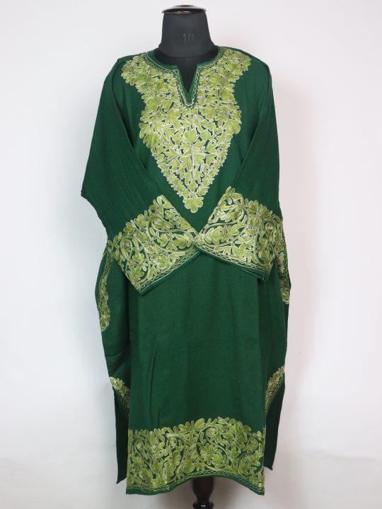 Gulnaz Kashmiri Pheran  In Raffal Wool With Aari And Zari Embroidery | Bottle Green