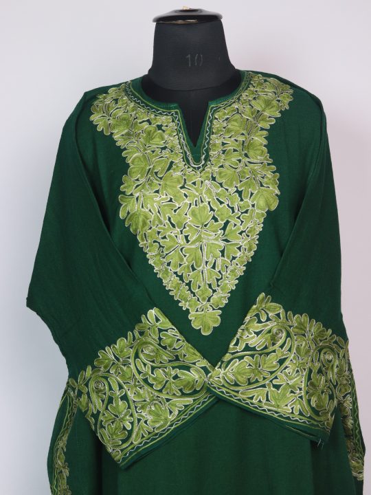 Gulnaz Kashmiri Pheran  In Raffal Wool With Aari And Zari Embroidery | Bottle Green - Image 2