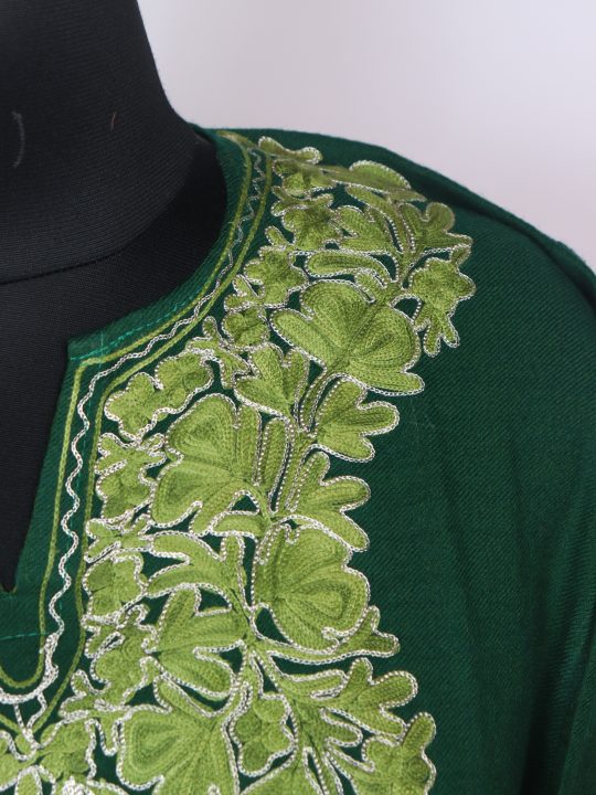 Gulnaz Kashmiri Pheran  In Raffal Wool With Aari And Zari Embroidery | Bottle Green - Image 3
