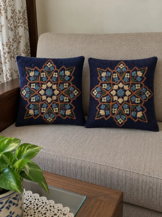 Ibtihaj Kashmiri Handmade Chain Stitch Wool Thread Cushion Cover |Set of 2| 12*12 Inches