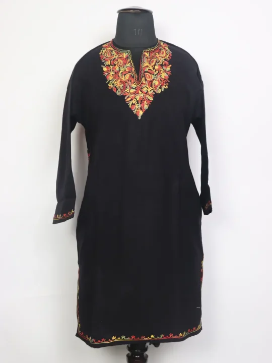 Ibtisam Black Kashmiri Girls Pheran in Cashmilon Wool with Aari Work (12 to 13Y)