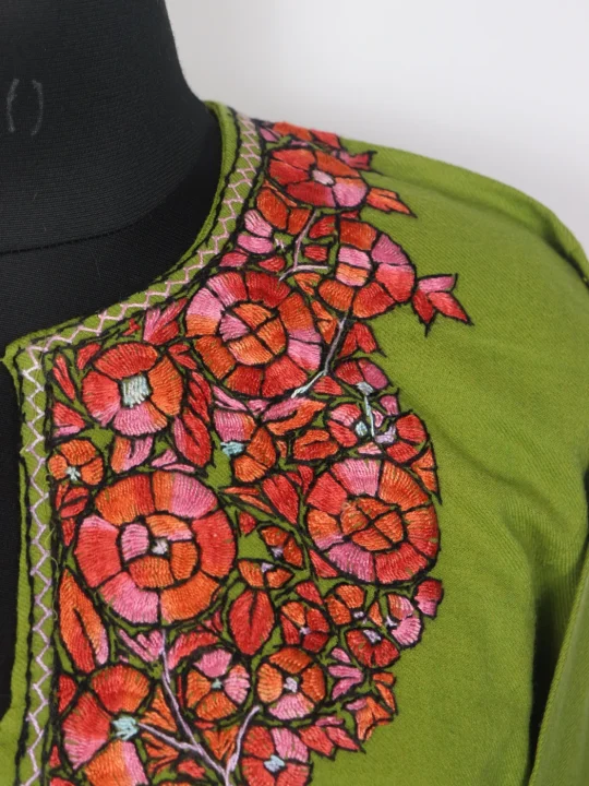 Iffat Kashmiri Pheran in Raffal Wool Hand Sozni Paper Mache Work | Green - Image 3