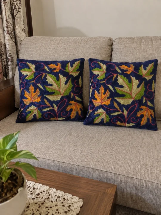 Inara Kashmiri Blue Handmade Chain Stitch Silk Thread Cushion Cover | Set of 2| 12*12 Inches