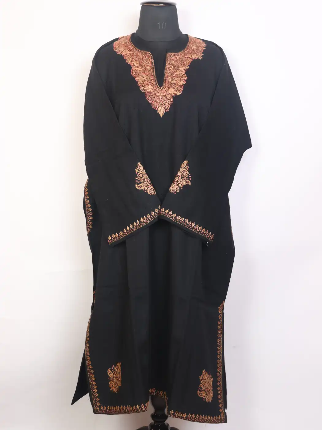 Inara Black Kashmiri Hand Sozni Pheran in Raffal Wool