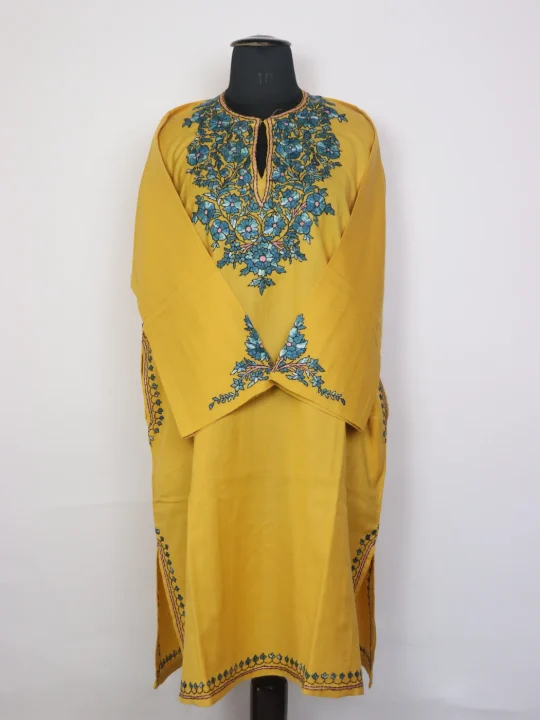 Kashmiri Pheran In Yellow Raffal Wool With Hand Sozni Paper Mache Work| Iqra