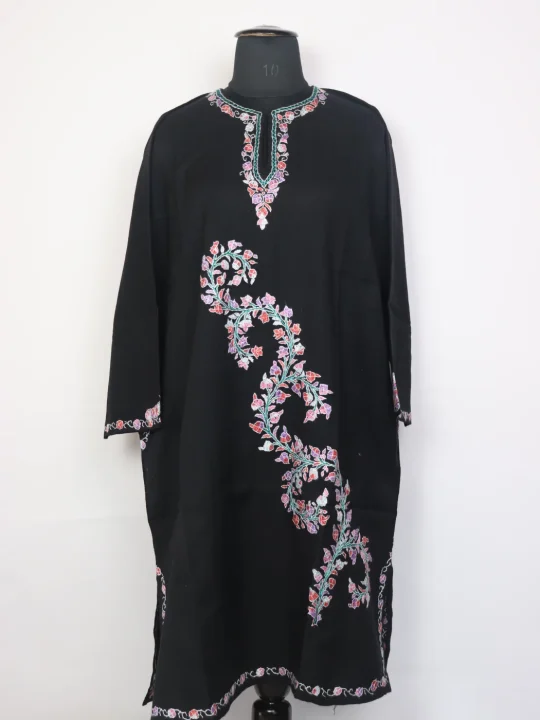 Isra Kashmiri Pheran In Raffal Wool With Hand Sozni and Paper Mache Embroidery | Black
