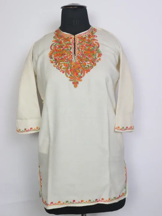 Jahida Kashmiri Girls Pheran in Off White Cashmilon Wool with Aari Work (7 to 8Y)
