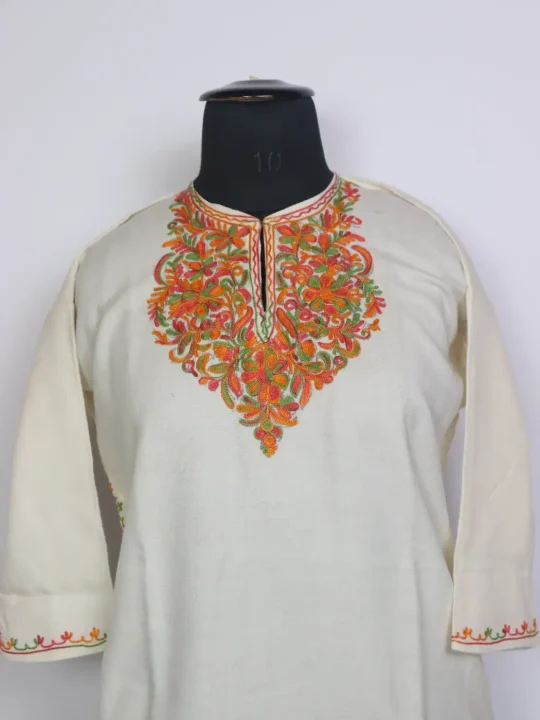 Jahida Kashmiri Girls Pheran in Off White Cashmilon Wool with Aari Work (7 to 8Y) - Image 2