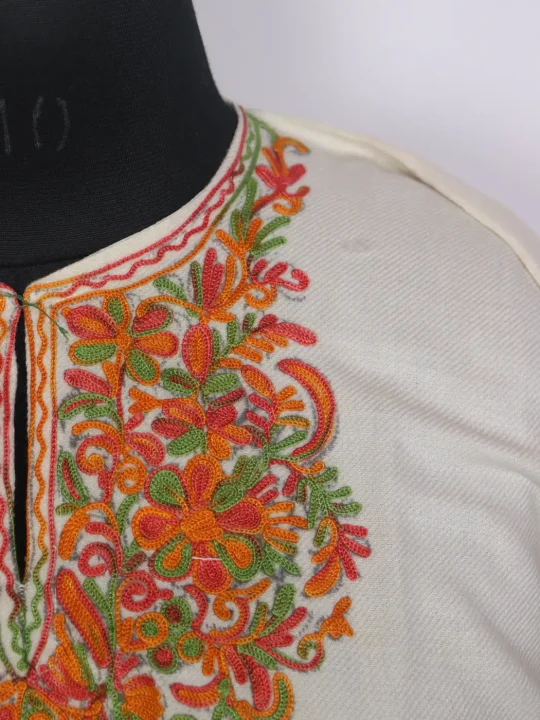 Jahida Kashmiri Girls Pheran in Off White Cashmilon Wool with Aari Work (7 to 8Y) - Image 3