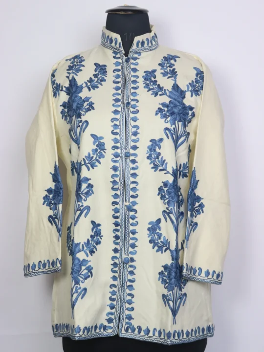 White Kashmiri Jamila Cashmilon Wool Short Aari Embroidery Coat