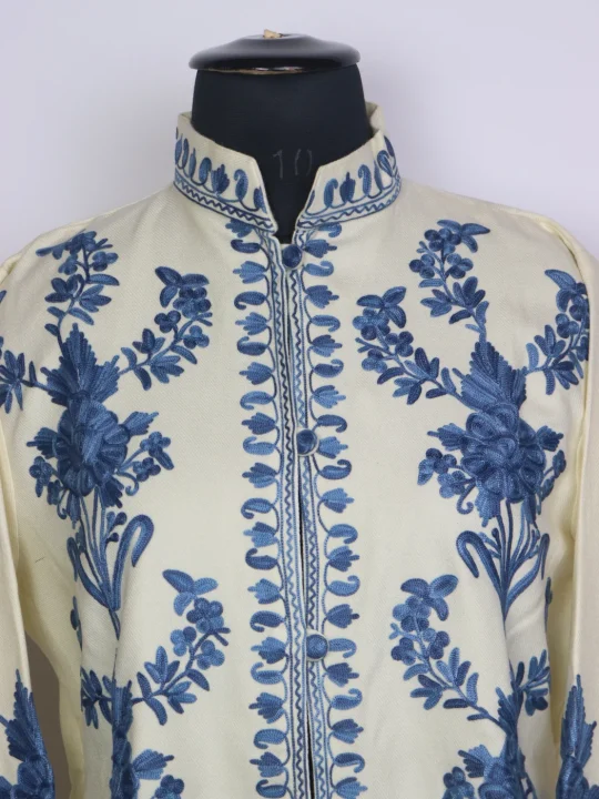 White Kashmiri Jamila Cashmilon Wool Short Aari Embroidery Coat - Image 2