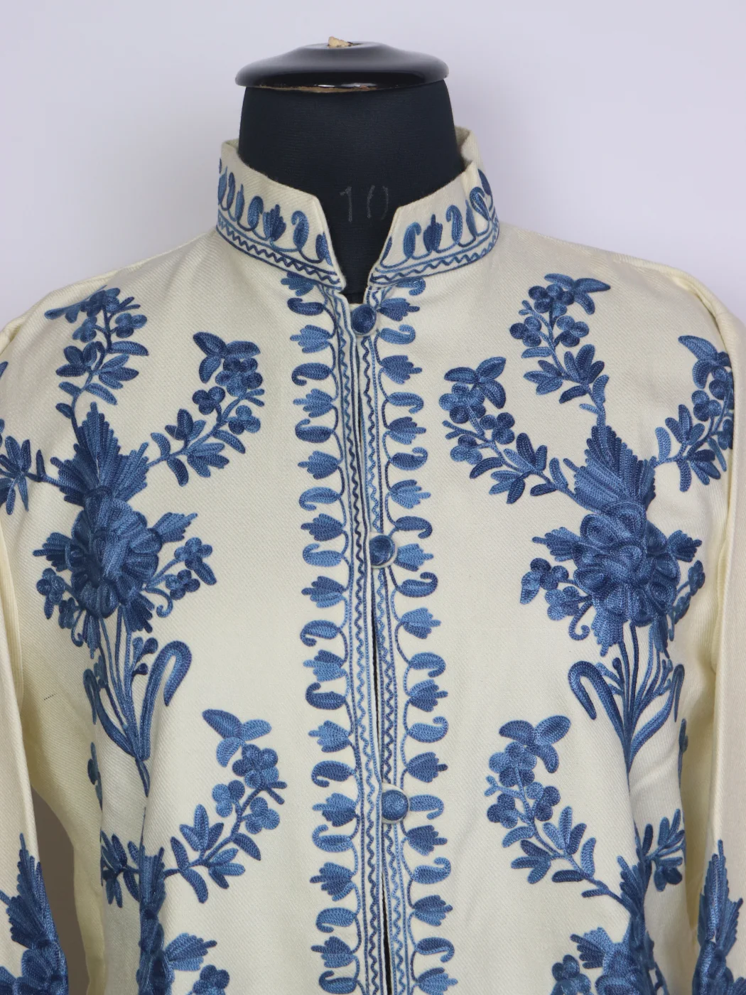 White Kashmiri Jamila Cashmilon Wool Short Aari Embroidery Coat - Image 2