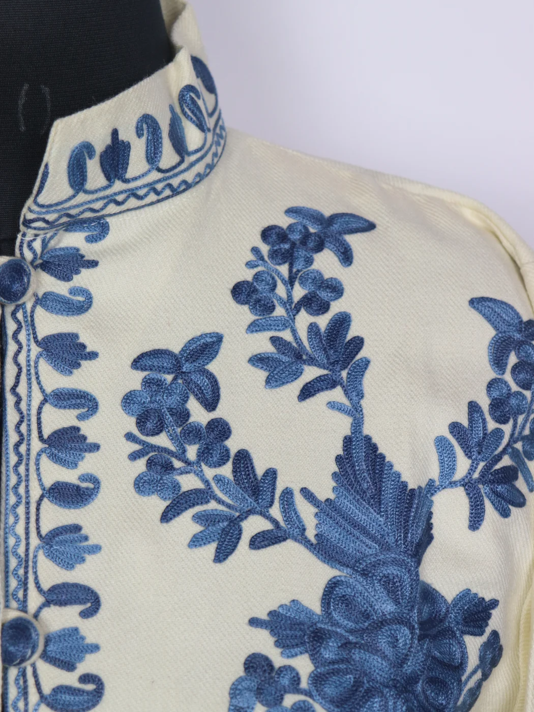 White Kashmiri Jamila Cashmilon Wool Short Aari Embroidery Coat - Image 3