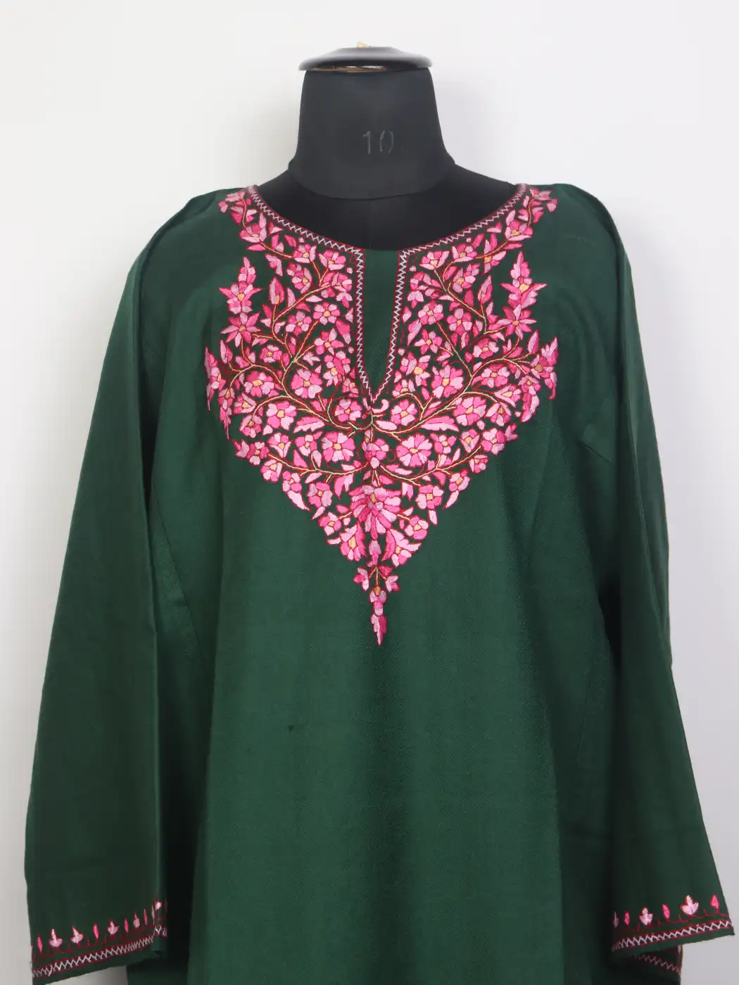 Juhi Kashmiri 3pc Green Hand Sozni Paper Machie Style Pheran Set in Raffal Wool - Image 2