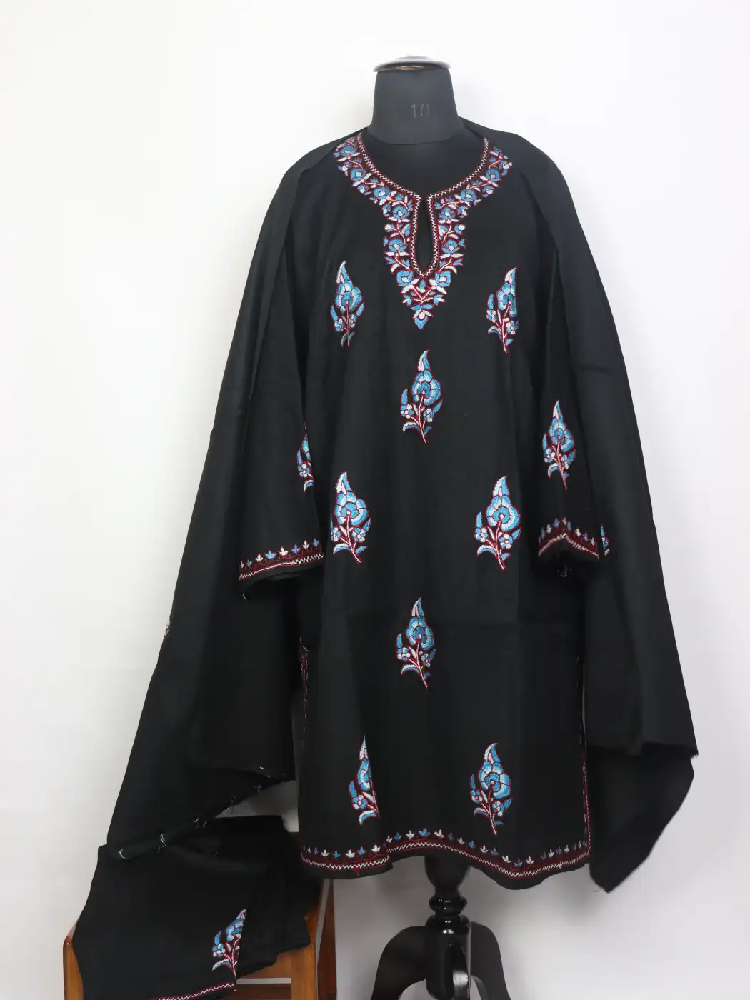 Kamal Kashmiri 3pc Hand Sozni Paper Machie Style Black Pheran Set in Raffal Wool