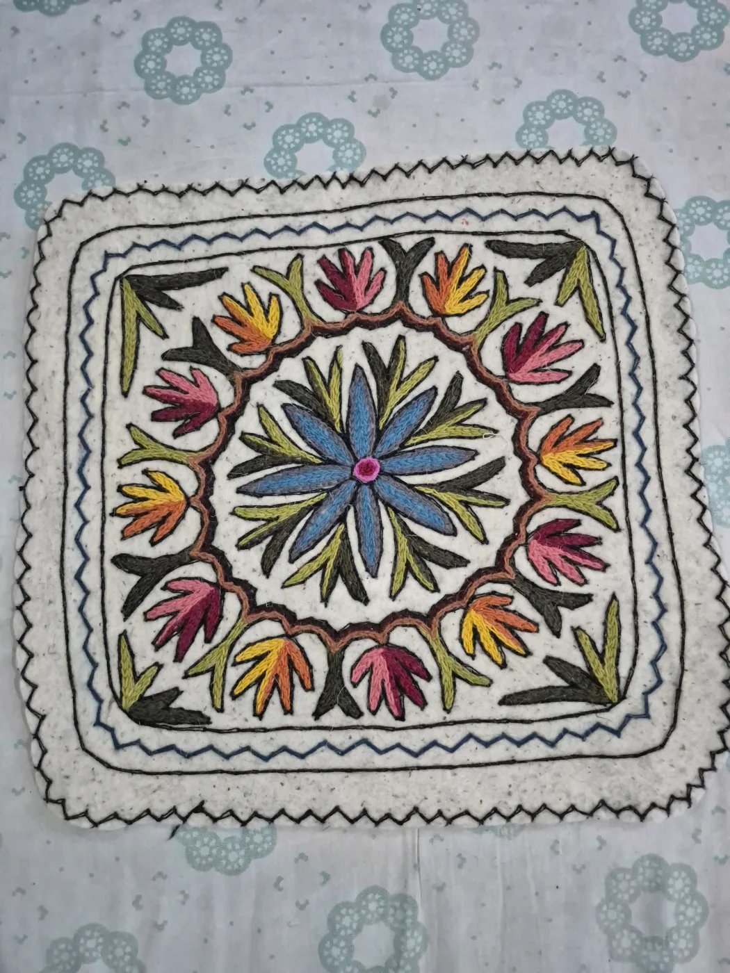 Rahim Kashmiri 2-Ft Square Handmade Namda Rug With Embroidery