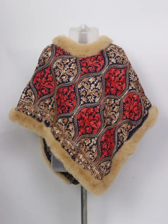 Kashmiri Afsa Beige Girls Fur Poncho Cashmilon Aari Embroidery