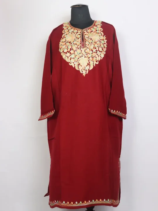 Areeba Cashmilon Wool Kashmiri Maroon Pheran with Aari Work