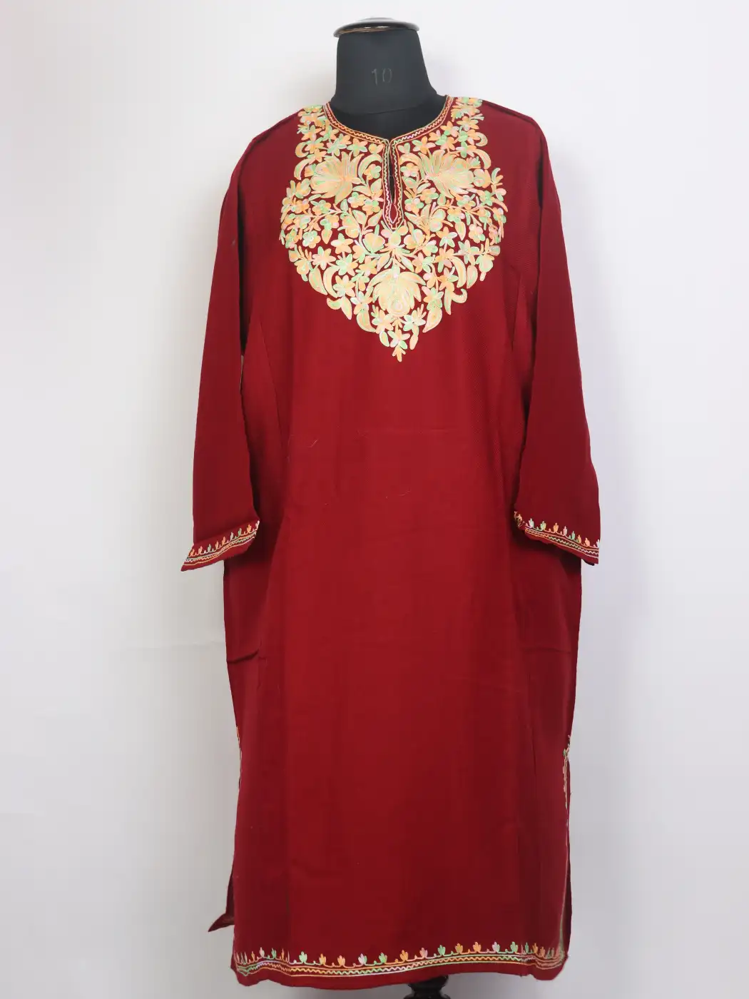 Areeba Cashmilon Wool Kashmiri Maroon Pheran with Aari Work