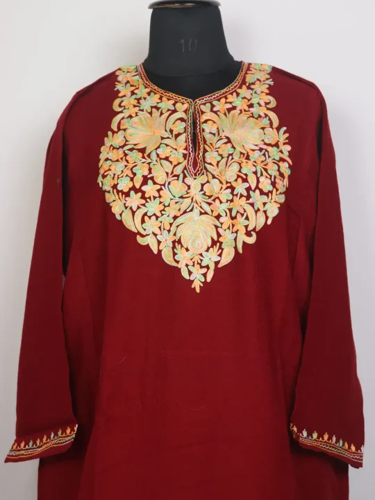 Areeba Cashmilon Wool Kashmiri Maroon Pheran with Aari Work - Image 2