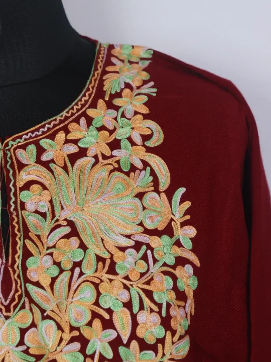 Areeba Cashmilon Wool Kashmiri Maroon Pheran with Aari Work - Image 3
