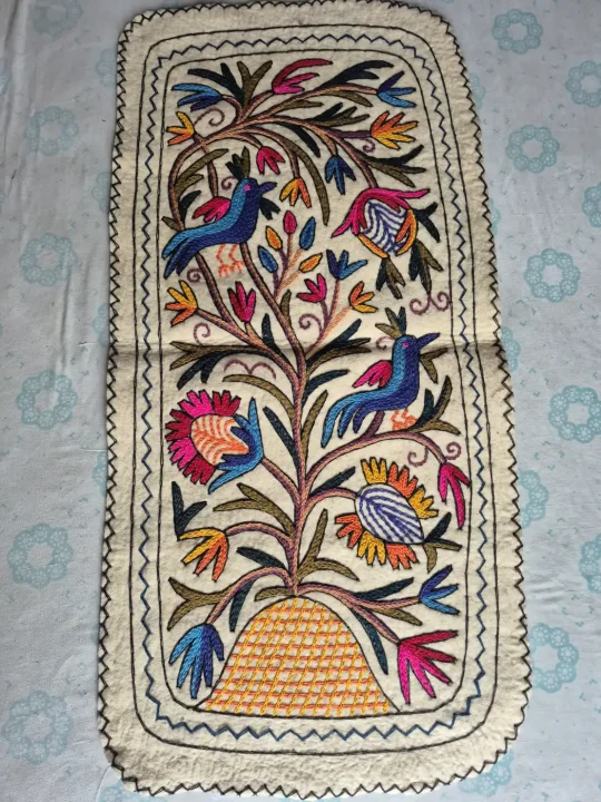 Kashmiri Bird & Blossom Hand Embroidered Wool Namda Runner | 4x2 ft