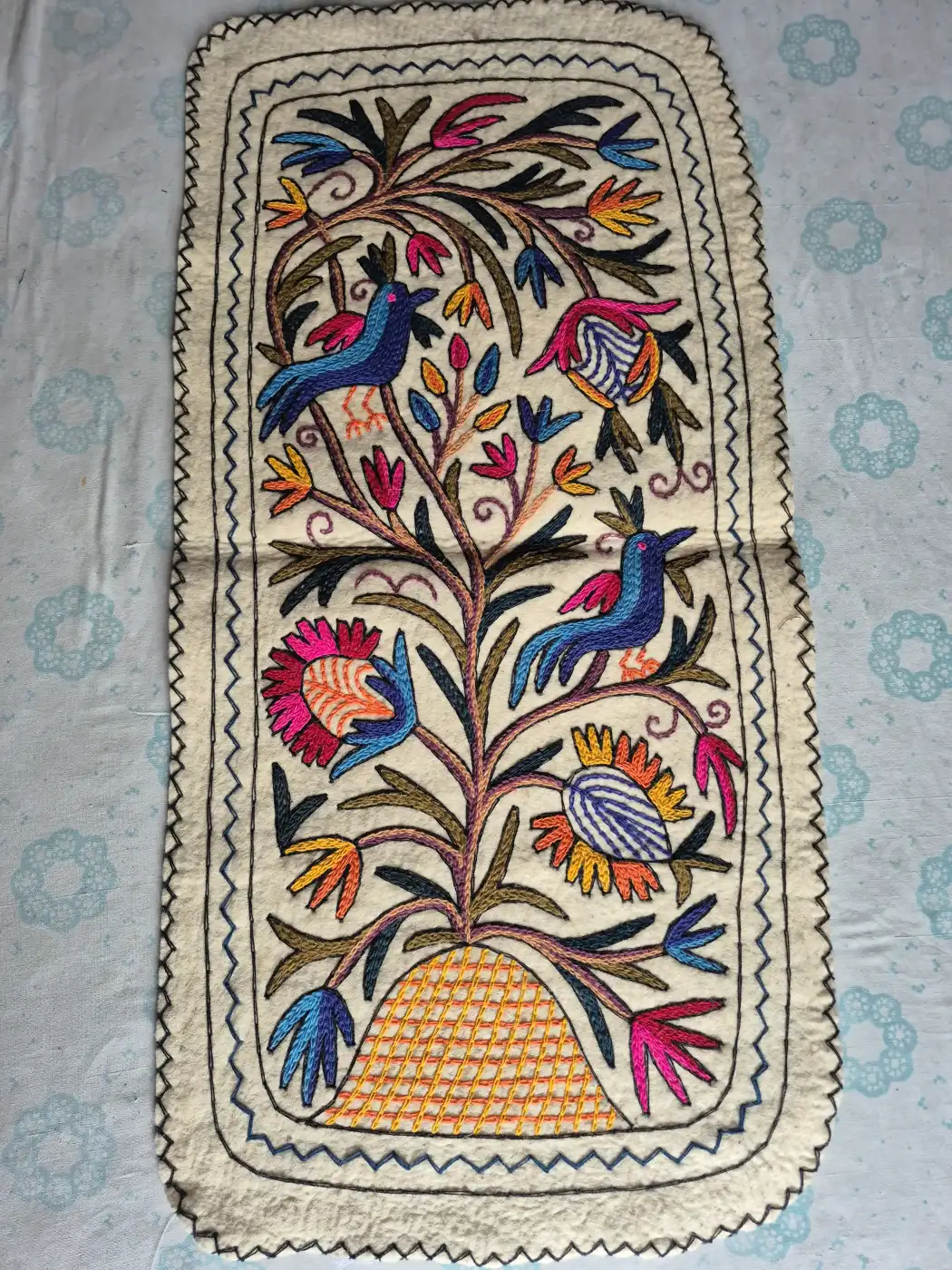 Kashmiri Bird & Blossom Hand Embroidered Wool Namda Runner | 4x2 ft