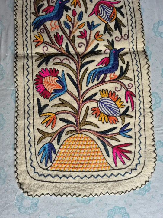Kashmiri Bird & Blossom Hand Embroidered Wool Namda Runner | 4x2 ft - Image 3