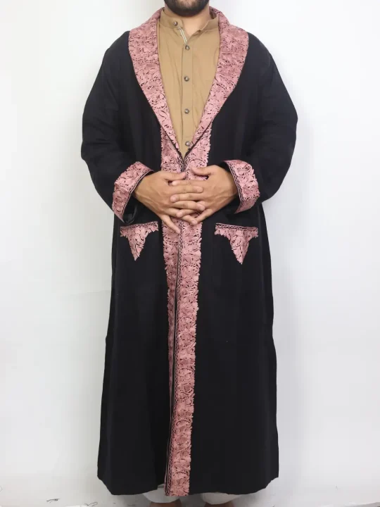 Kashmiri Cashmilon Wool Siyah Gown for Men | Bathrobe with Aari Work