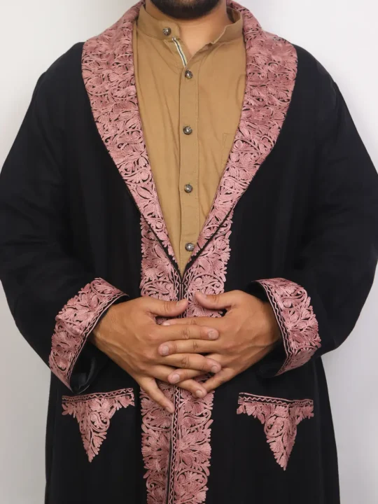 Kashmiri Cashmilon Wool Siyah Gown for Men | Bathrobe with Aari Work - Image 2