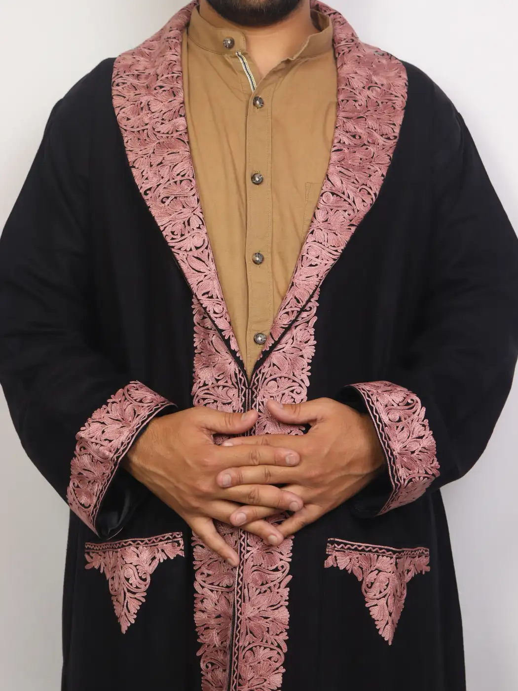 Kashmiri Cashmilon Wool Siyah Gown for Men | Bathrobe with Aari Work - Image 2