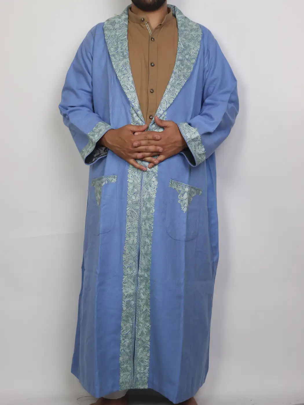 Kashmiri Blue Cashmilon Wool Farmaan Gown | Bathrobe for Men with Aari Embroidery