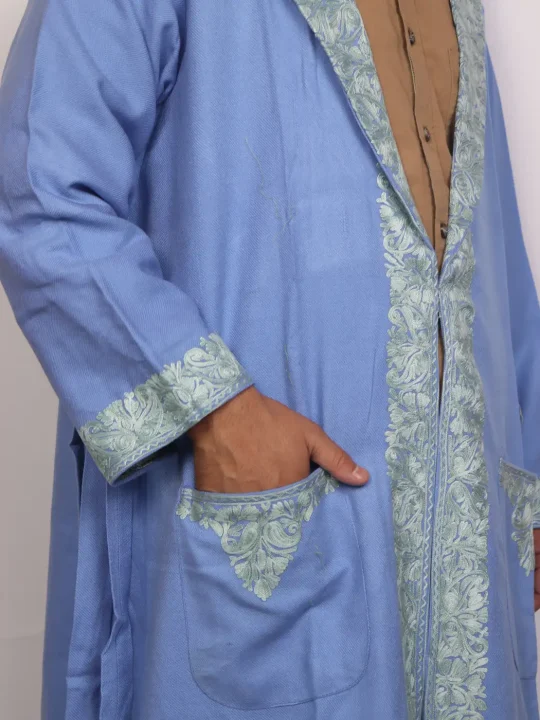 Kashmiri Blue Cashmilon Wool Farmaan Gown | Bathrobe for Men with Aari Embroidery - Image 2