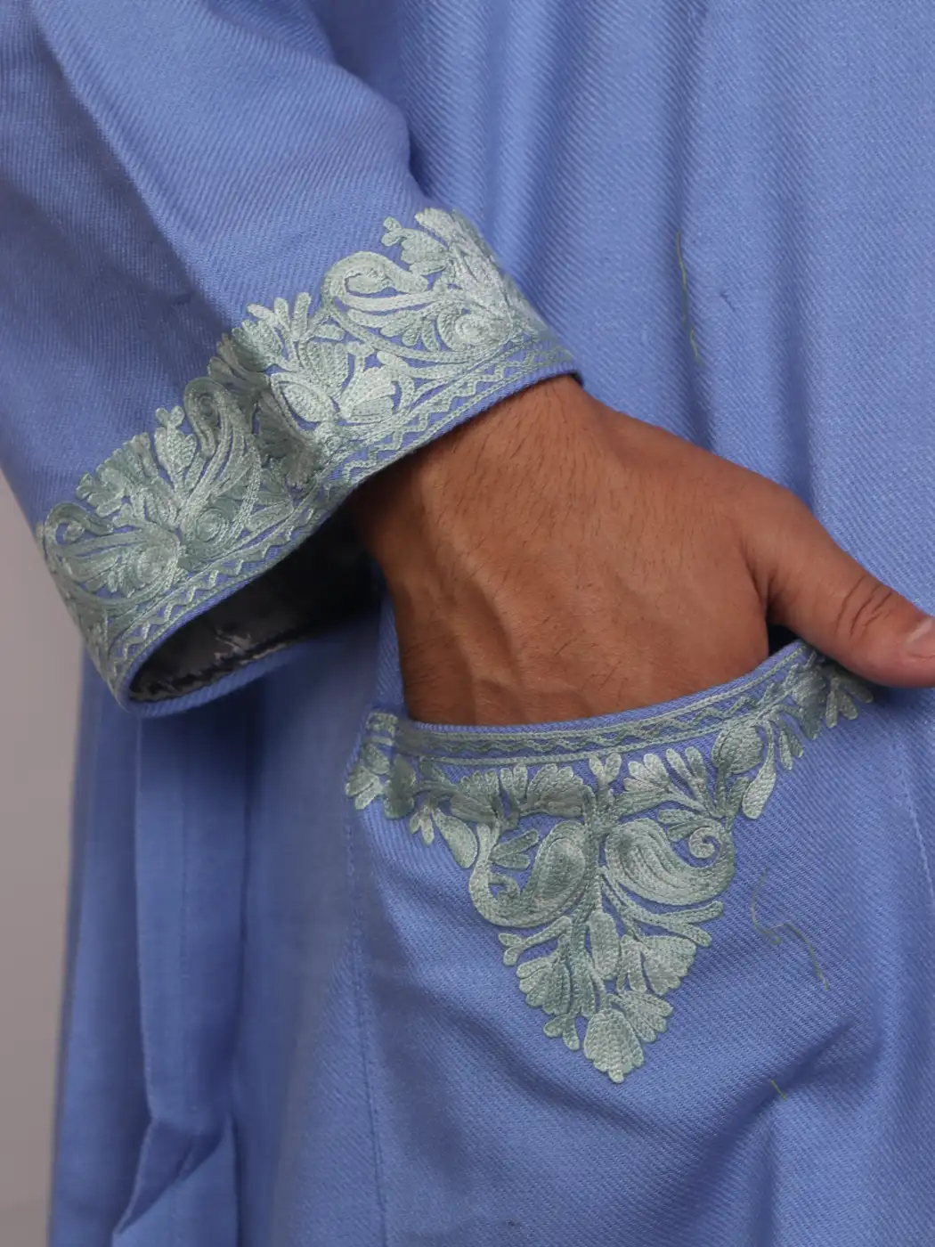Kashmiri Blue Cashmilon Wool Farmaan Gown | Bathrobe for Men with Aari Embroidery - Image 3