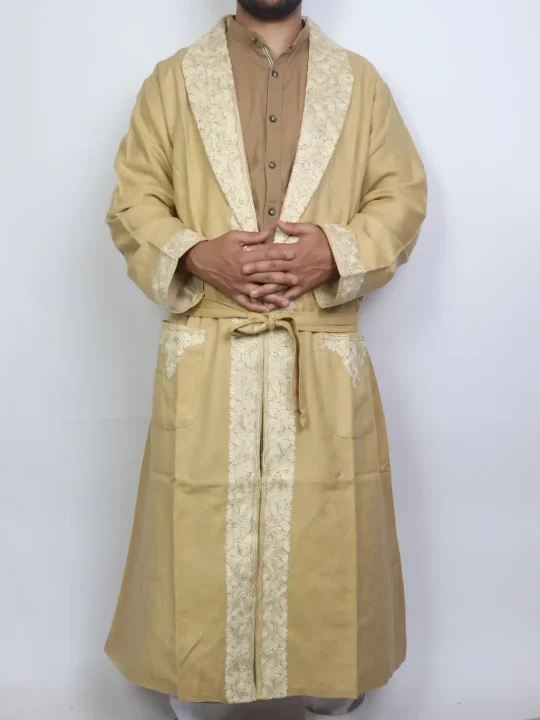 Zorawar Kashmiri Cashmilon Wool Gown for Men | Beige Bathrobe with Aari Kaam