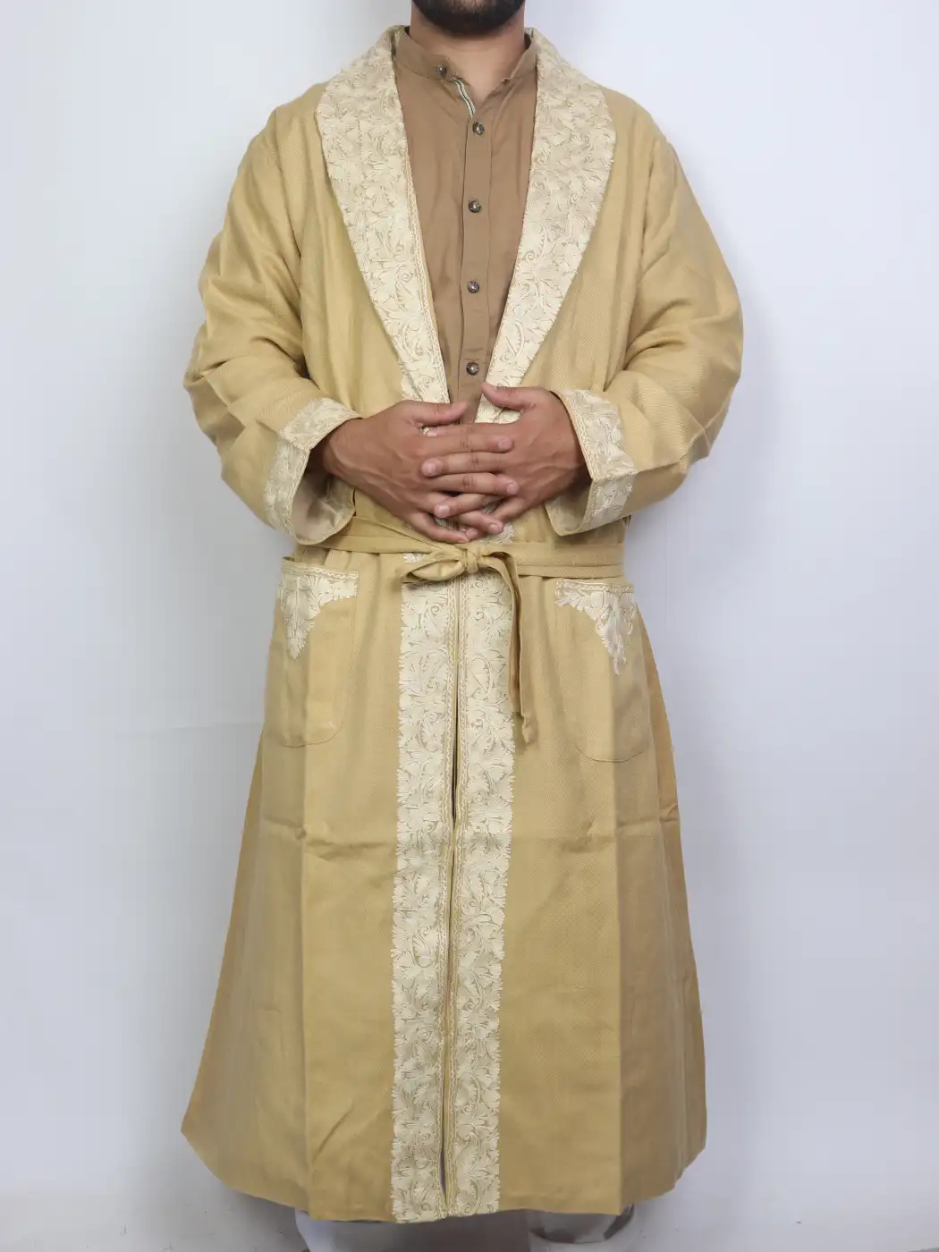 Zorawar Kashmiri Cashmilon Wool Gown for Men | Beige Bathrobe with Aari Kaam