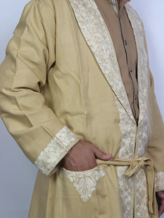 Zorawar Kashmiri Cashmilon Wool Gown for Men | Beige Bathrobe with Aari Kaam - Image 2