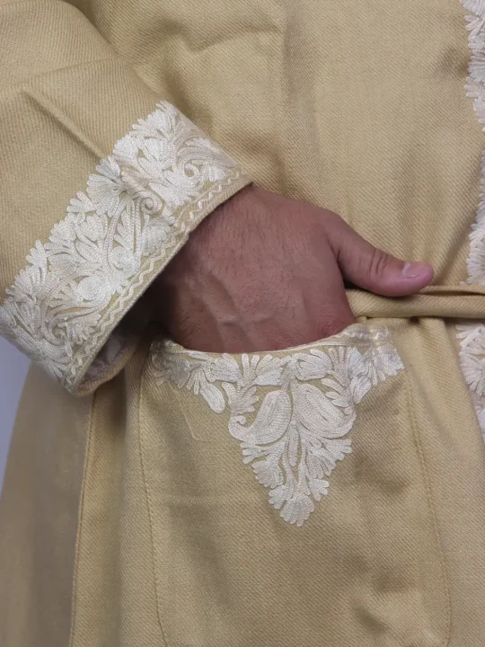 Zorawar Kashmiri Cashmilon Wool Gown for Men | Beige Bathrobe with Aari Kaam - Image 3