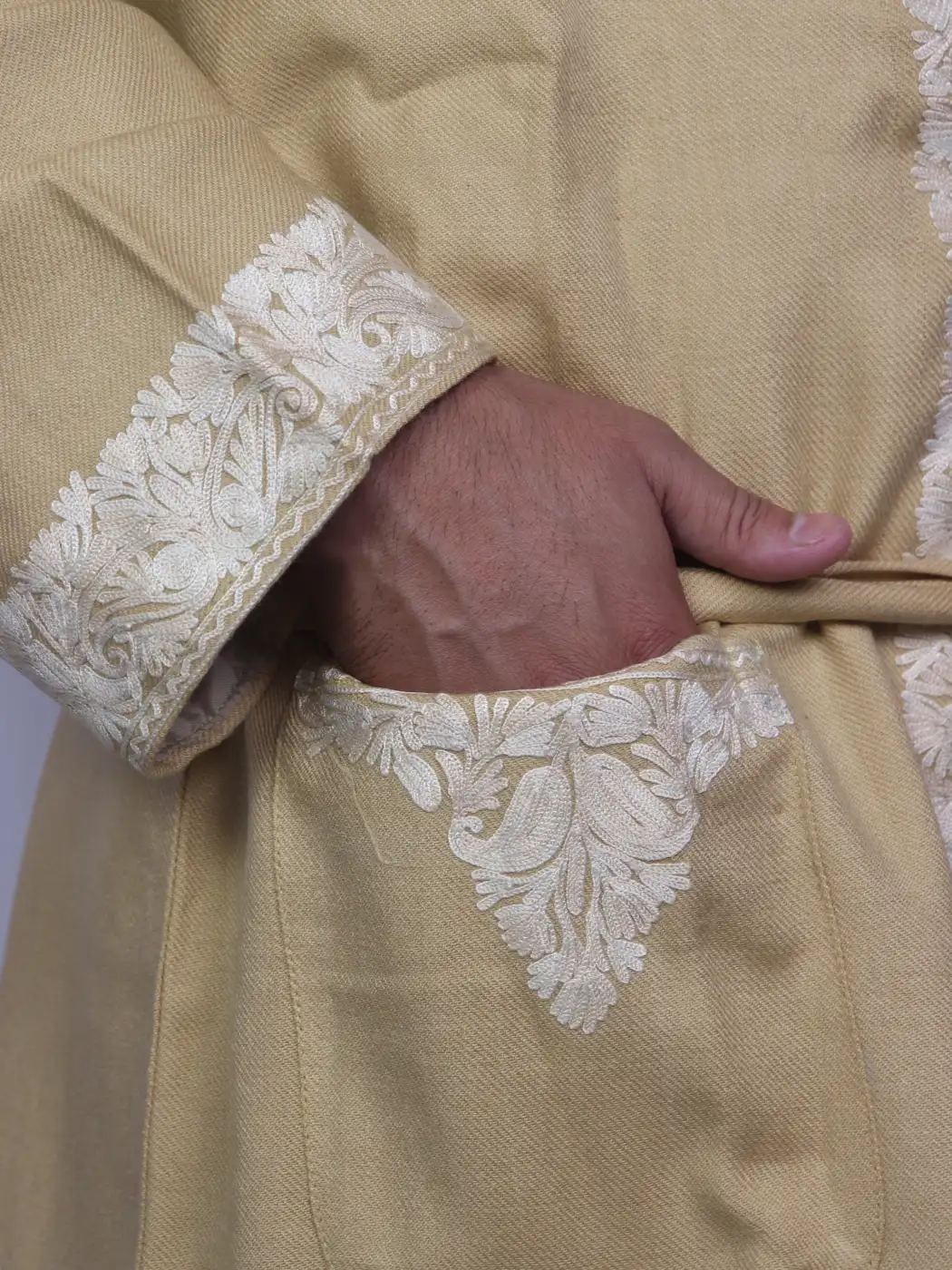 Zorawar Kashmiri Cashmilon Wool Gown for Men | Beige Bathrobe with Aari Kaam - Image 3